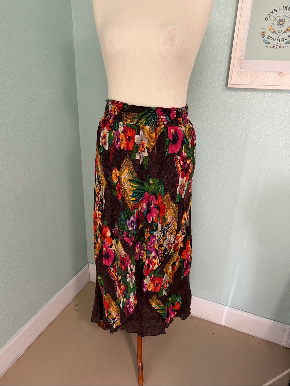 Vintage Carole Little Floral Print Brown maxi layered skirt.
